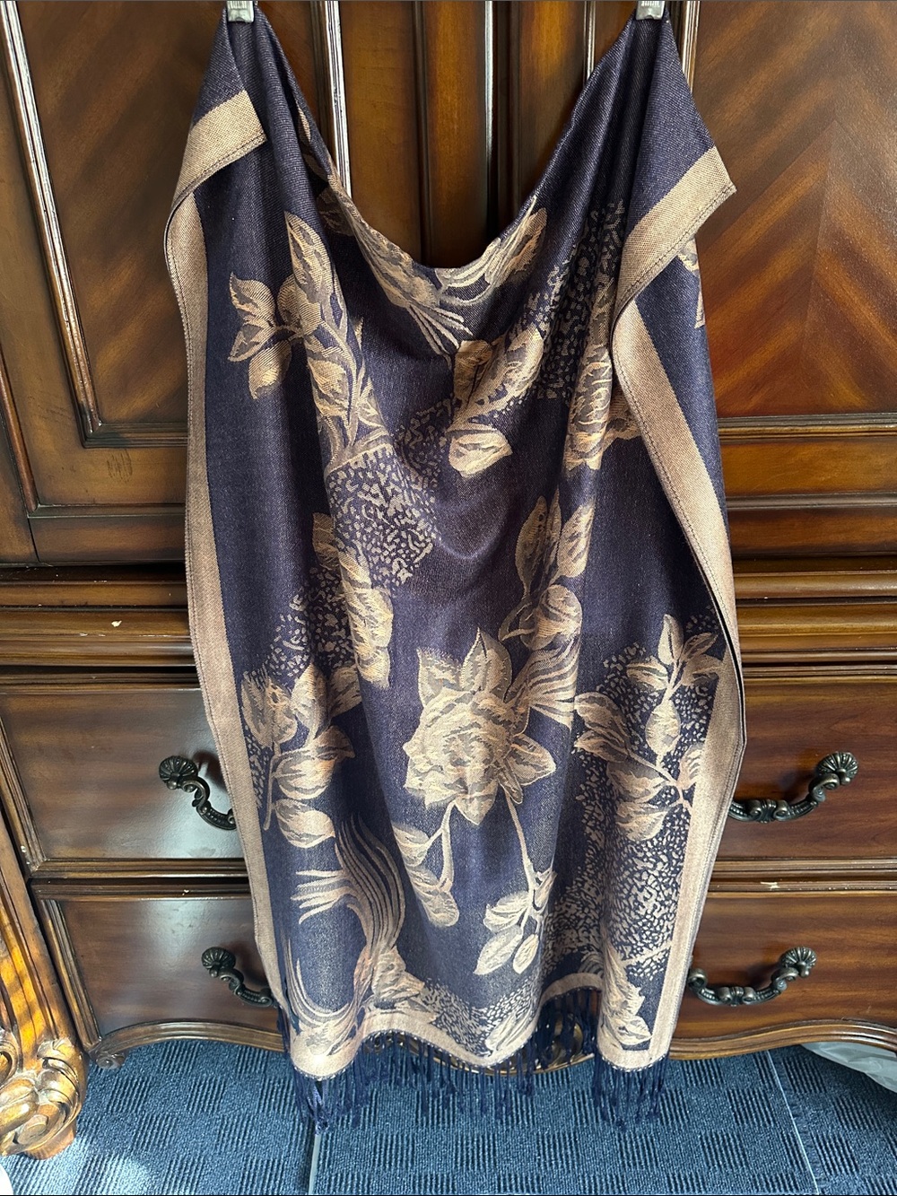 Elegant Floral Wrap Scarf in Navy and Beige
